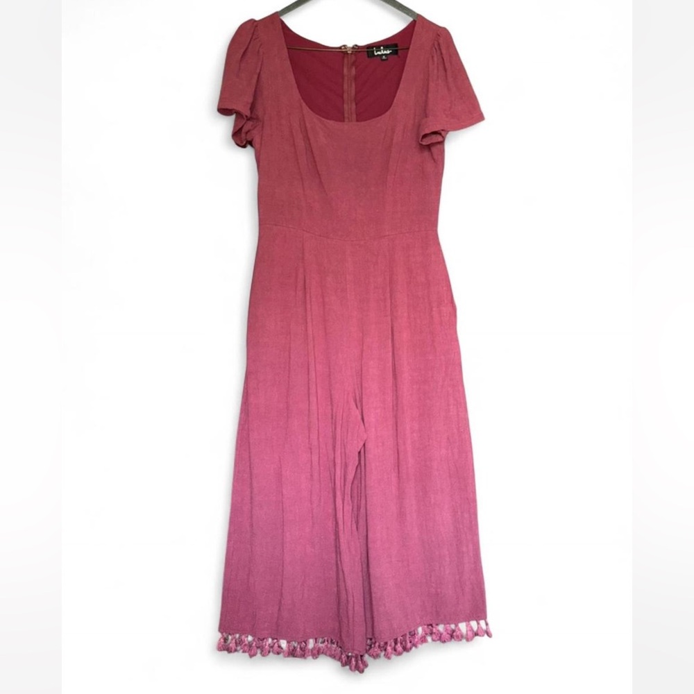 Leisure Washed Wine Red Short Sleeve Tasseled Culotte Jumpsuit
